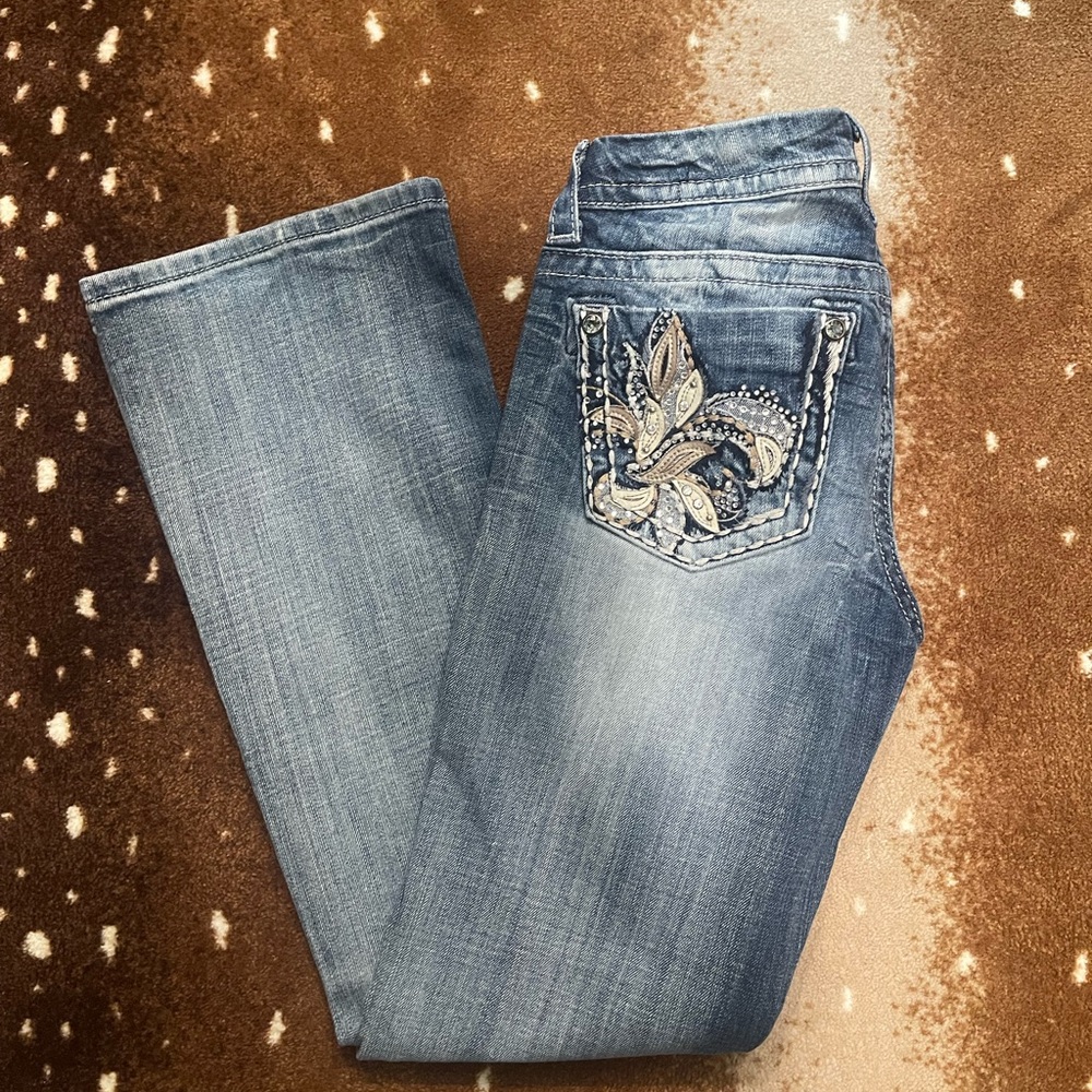 Miss Me Light Blue Flare Jeans with Embroidery